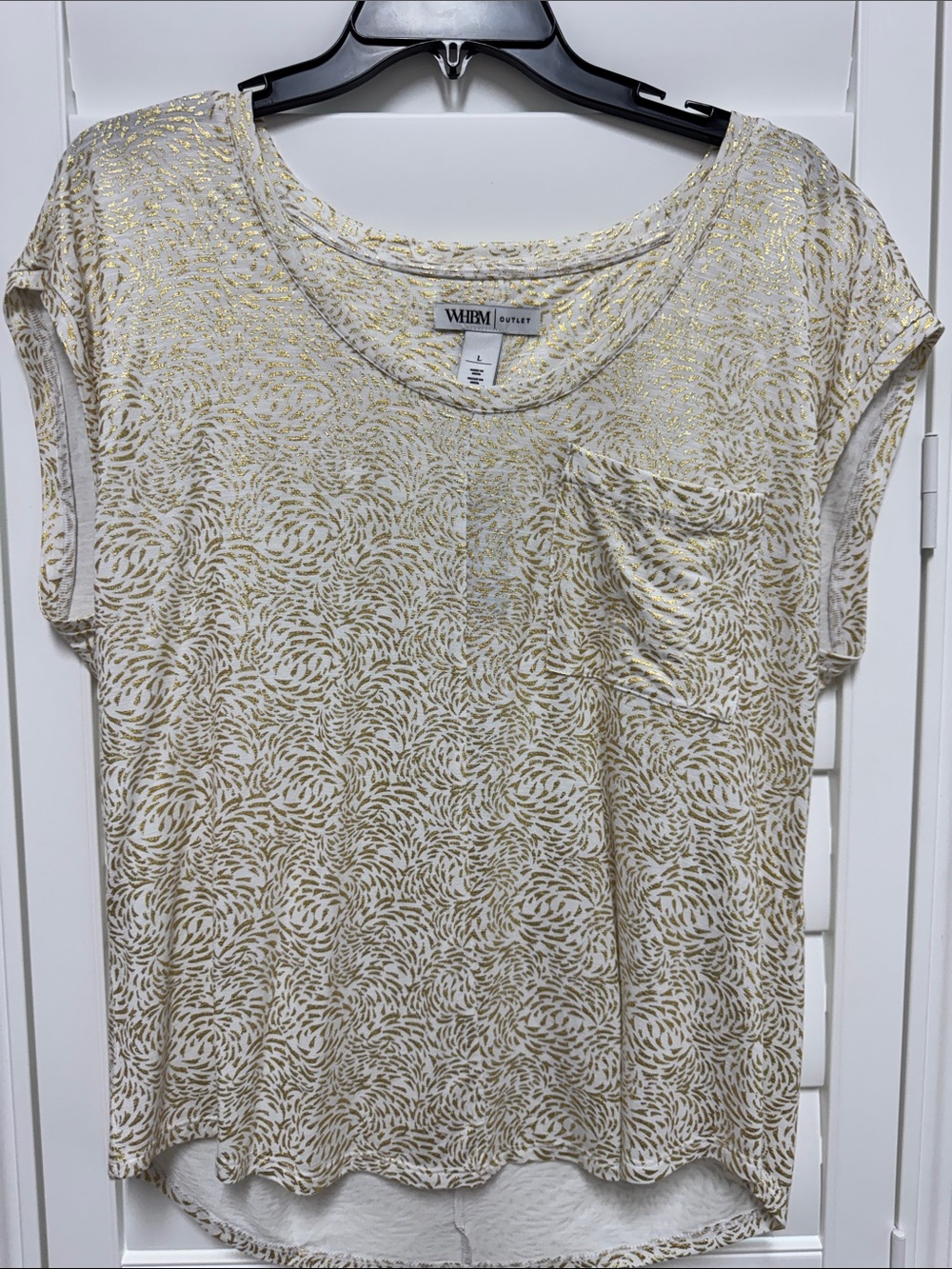 White House Black Market White Tee with Gold Metallic Swirl Print